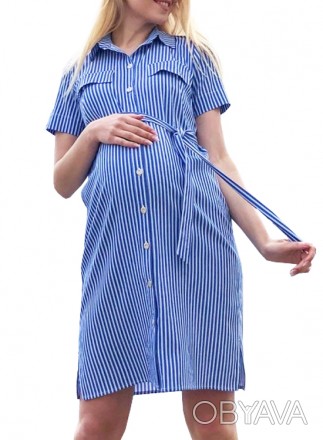 Стильное платье для беременных и кормления изготовлено из хлопковой ткани в синю. . фото 1