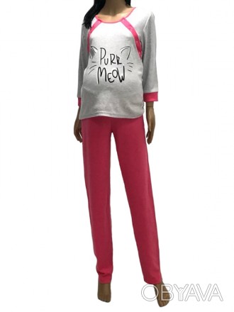 Серо-розовая тепла и красивая пижама милым дизайном и надписью "Purr Meow". Она . . фото 1