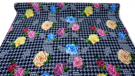  Ткань костюмка Барби стрейч цвет темно-синий "Цветы и гусиная лапка" - износост. . фото 4