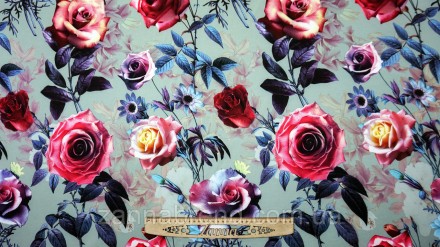 Ткань костюмка Барби стрейч цвет фисташковый "Нежные розы" - плотный, износостой. . фото 3