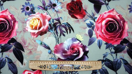 Ткань костюмка Барби стрейч цвет фисташковый "Нежные розы" - плотный, износостой. . фото 2