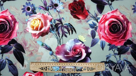 Ткань костюмка Барби стрейч цвет фисташковый "Нежные розы" - плотный, износостой. . фото 1