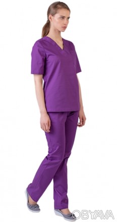 Костюм медицинский женский с v-образной горловиной и коротким рукавом. Фиолетовы. . фото 1