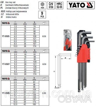 Набір шестигранних ключів YATO YT-0509 упакований у практичну пластикову вішалку. . фото 1
