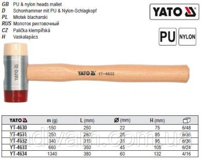 Молоток бляхаря бляхара поліуретан/нейлон Ø=60 мм m=1406г YATO-4634. Тернопіль. фото 1 Молоток бляхаря бляхара поліуретан/нейлон Ø=60 мм m=1406г YATO-4634. Тернопіль. фото 1