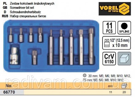 Набір насадки біти SPLINE спеціальні 1/2" 11шт зірочка VOREL-66770. Тернополь. фото 1 Набір насадки біти SPLINE спеціальні 1/2" 11шт зірочка VOREL-66770. Тернополь. фото 1