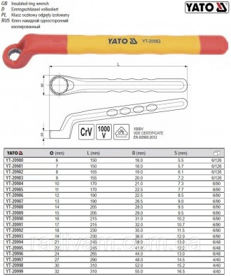 Ізольований накидний ключ марки YATO YT-20980
Виготовлений з міцної, інструмента. . фото 2