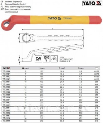 Ізольований накидний ключ марки YATO YT-20980
Виготовлений з міцної, інструмента. . фото 3