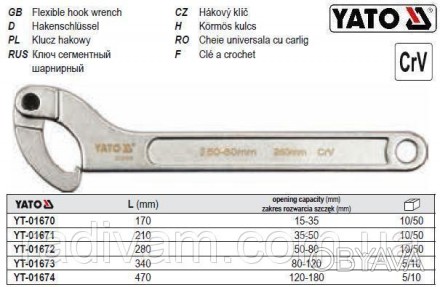 Ключ сегментний шарнірний YATO-01670.
Виготовлений з міцної хром-ванадієвої стал. . фото 1