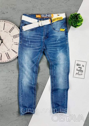 Подростковые джинсы с поясом для мальчика. Шикарные, стильные джинсы для мальчик. . фото 1