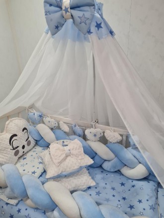 
Комплект постельного белья в кроватку для мальчика с балдахином, подушками, бор. . фото 2