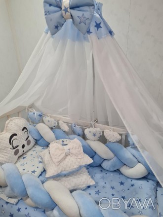 
Комплект постельного белья в кроватку для мальчика с балдахином, подушками, бор. . фото 1