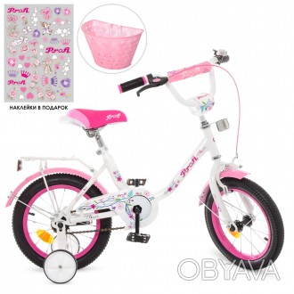 Велосипед дитячий PROF1 14д. Y1485-1 (1шт) Ballerina,SKD75,біло-рожевий,ліхтар,з. . фото 1