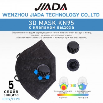 JIADA Респиратор KN95 / FFP2 с клапаном - Черный. Строительный Респиратор-Маска . . фото 10