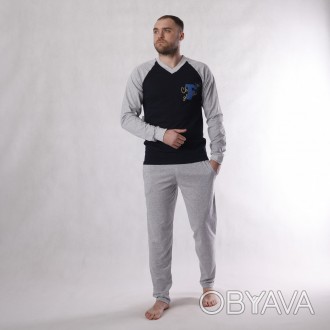 Трикотажная мужская пижама, кофта реглан с накатом и со штанами, полотно кулир (. . фото 1