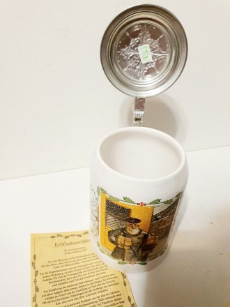 Коллекционный фарфоровый пивной бокал с оловянной крышкой, Германия. Ручная росп. . фото 5