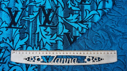  Трикотажная ткань черно-голубого цвета принт "LV в узорах" - мягкая, плотная, б. . фото 7