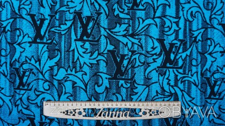  Трикотажная ткань черно-голубого цвета принт "LV в узорах" - мягкая, плотная, б. . фото 1