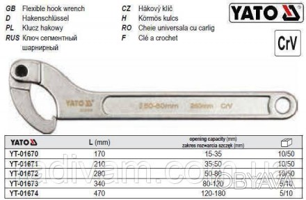 Ключ сегментний шарнірний YATO-01673
Виготовлений з міцної хром-ванадієвої сталі. . фото 1