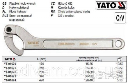 Ключ сегментний шарнірний YATO-01674
Виготовлений з міцної хром-ванадієвої сталі. . фото 1