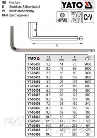 ключ шестигранний з кулькою YАTО-05452
Довговічний ключ імбусовий оснащений куль. . фото 1