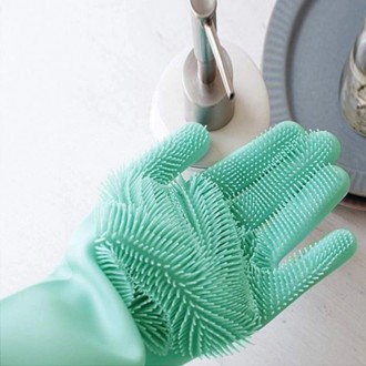  Перчатки силиконовые Kitchen Tools для уборки дома, мытья посуды или авто Зелен. . фото 9