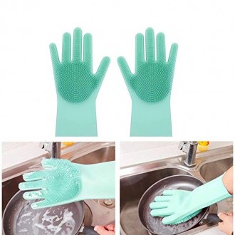  Перчатки силиконовые Kitchen Tools для уборки дома, мытья посуды или авто Зелен. . фото 6