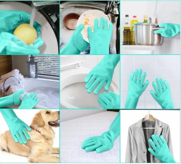  Перчатки силиконовые Kitchen Tools для уборки дома, мытья посуды или авто Зелен. . фото 4