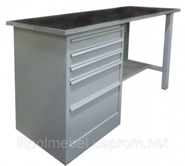 Металлический стол-верстак для мастерской с выдвижными ящиками и полкой для инст. . фото 3