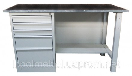 Металлический стол-верстак для мастерской с выдвижными ящиками и полкой для инст. . фото 2