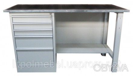 Металлический стол-верстак для мастерской с выдвижными ящиками и полкой для инст. . фото 1