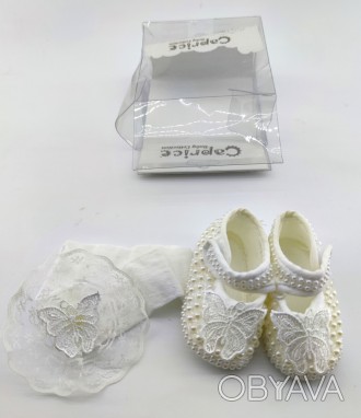 
Святкове взуття пінетки і пов'язка для дівчинки. Зроблені з натуральної тканини. . фото 1