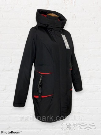 Стильна жіноча куртка-парка з капюшоном, у чорному кольорі з контрастними елемен. . фото 1