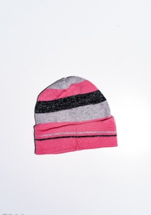 Демисезонная вязаная шапка-чулок для девочек с разноцветными полосками и вплетен. . фото 3
