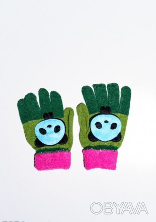 Салатовые с ярко-зелеными пальчиками демисезонные однослойные перчатки для деток. . фото 1