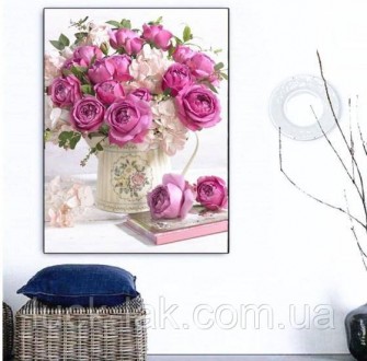 Алмазна вишивка, малюнок - букет троянд 
Повна викладка, квадратні стрази.
В різ. . фото 4