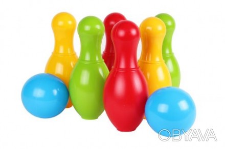 Яркий пластиковый набор для боулинга. В комплекте: 6 кеглей и 2 шара для боулинг. . фото 1