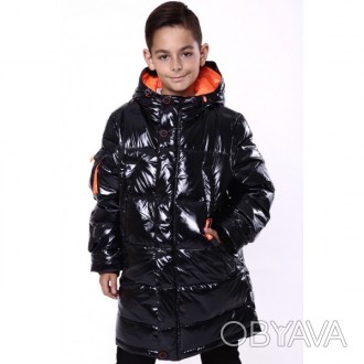 Куртка для мальчика в лаке . Новая коллекция 2021 г.Чёрный-оранжевый, чёрный-сал. . фото 1