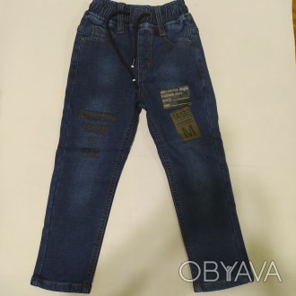 Синие джинсы флис на резинке с надписями. Производитель: MOYABERVAРазмеры: 110,1. . фото 1