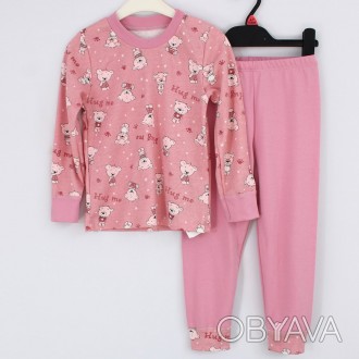 Піжама для дівчинки з штанами та футболкою на довгий рукав рожева з ведмедиками . . фото 1