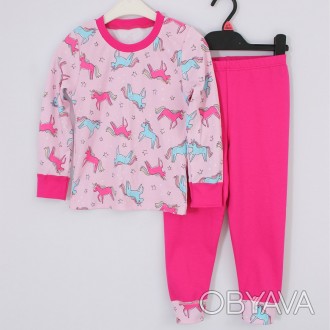 Піжама для дівчинки з штанами та футболкою на довгий рукав рожева з єдинорогами . . фото 1