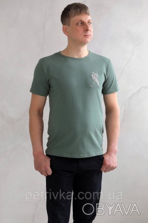 Чоловіча футболка зелена з вишитим принтом Лев, висока якість, приємна до тіла. . . фото 1