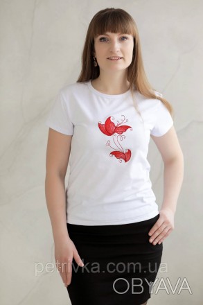 Жіноча біла футболка в стилі CASUAL, з вишитим принтом Метелики.
Висока якість т. . фото 1