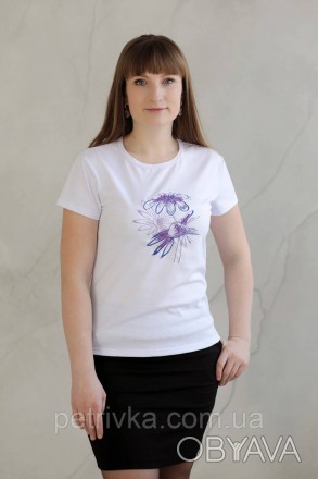 Жіноча біла футболка в стилі CASUAL, з вишитим принтом Ромашки
Висока якість тка. . фото 1