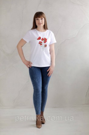 Жіноча біла футболка в стилі CASUAL, з вишитим принтом Квіти.
Висока якість ткан. . фото 3