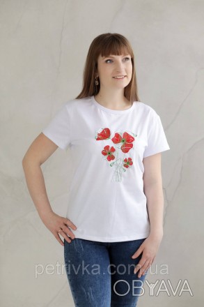 Жіноча біла футболка в стилі CASUAL, з вишитим принтом Квіти.
Висока якість ткан. . фото 1