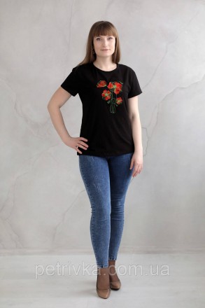 Жіноча чорна футболка в стилі CASUAL, з вишитим принтом Квіти
Висока якість ткан. . фото 3