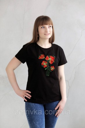 Жіноча чорна футболка в стилі CASUAL, з вишитим принтом Квіти
Висока якість ткан. . фото 2