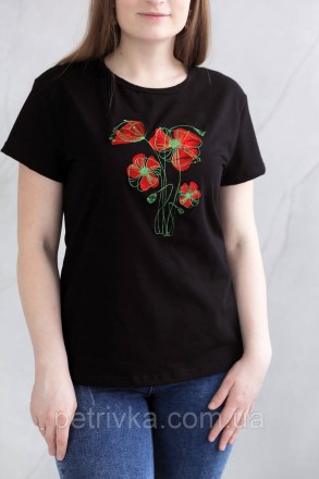Жіноча чорна футболка в стилі CASUAL, з вишитим принтом Квіти
Висока якість ткан. . фото 4