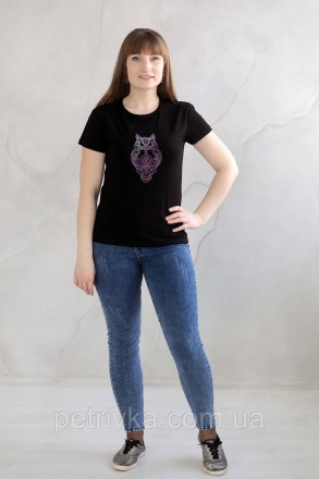 Жіноча чорна футболка в стилі CASUAL, з вишитим принтом Сова
Висока якість ткани. . фото 3